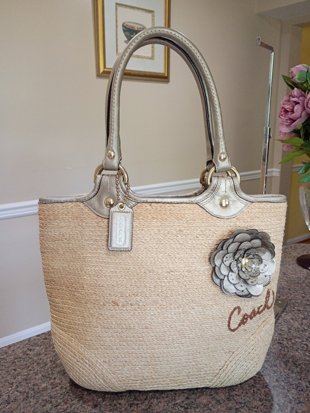 Coach Natural Straw Tote with Metallic Gold Trim and Floral Applique - Picture 3 of 16